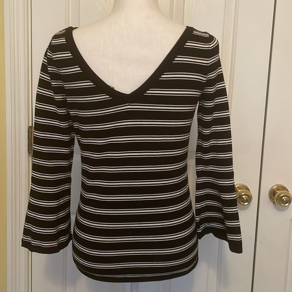 White House Black Market Black & White Striped Top w/ Bell Sleeves - Picture 5 of 8